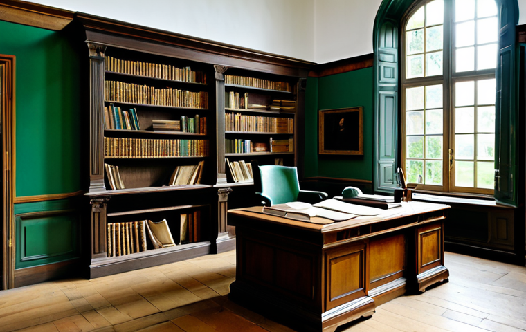 Goethe's Study**
"A well-lit study with a large wooden desk covered in books and papers, quill pen and inkwell visible, a window overlooking a lush garden, representing Goethe's workspace; bookshelves lining the walls, creating a scholarly atmosphere. The scene evokes a sense of deep thought and creativity, professional setting, appropriate content, safe for work, fully clothed, professional, perfect anatomy, correct proportions, natural pose, well-formed hands, proper finger count, natural body proportions, high quality."
**