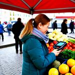 Contactless Payment at a Weekly Market**

"A woman fully clothed in a stylish fall jacket and scarf, buying fresh produce at a bustling German weekly market. She is using a contactless credit card payment terminal. Background shows colorful market stalls with fruits, vegetables, and flowers. Safe for work, appropriate content, professional photography, well-formed hands, proper finger count, natural pose, modest attire, family-friendly."

**