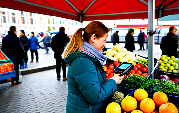 Contactless Payment at a Weekly Market**
"A woman fully clothed in a stylish fall jacket and scarf, buying fresh produce at a bustling German weekly market. She is using a contactless credit card payment terminal. Background shows colorful market stalls with fruits, vegetables, and flowers. Safe for work, appropriate content, professional photography, well-formed hands, proper finger count, natural pose, modest attire, family-friendly."
**