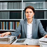 **Image Prompt:** A professional journalist, fully clothed in a modest blazer and slacks, sits at a desk overflowing with newspapers from various German publications ("Der Spiegel," "Süddeutsche Zeitung," "Frankfurter Allgemeine Zeitung" visible). She is fact-checking information on a computer. Background: a well-lit, modern office with bookshelves. Safe for work, appropriate content, professional, perfect anatomy, natural pose, well-formed hands, proper finger count, natural body proportions.