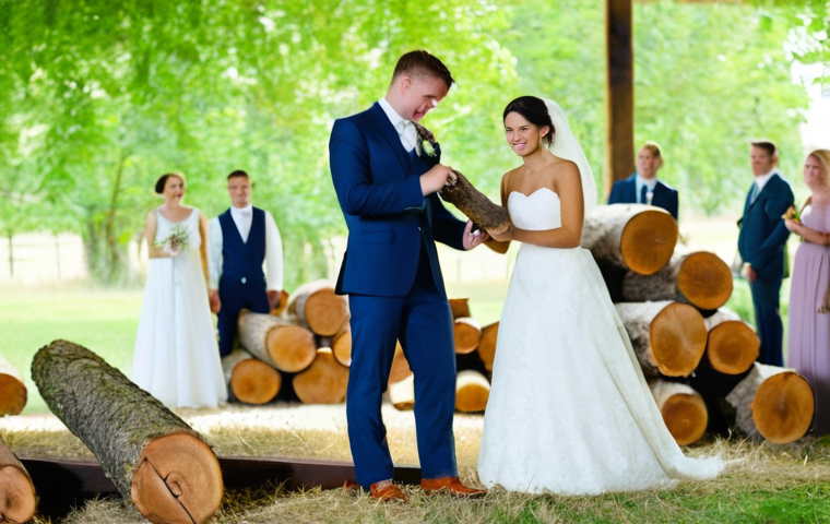 독일에서의 결혼 문화 - **Prompt:** A vibrant and joyful outdoor scene capturing a traditional German "Polterabend" pre-wedd...