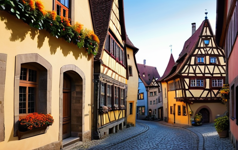 독일 로맨틱 가도 여행 - **Rothenburg ob der Tauber at Dawn:** A serene, wide-angle shot of Rothenburg ob der Tauber, Germany...