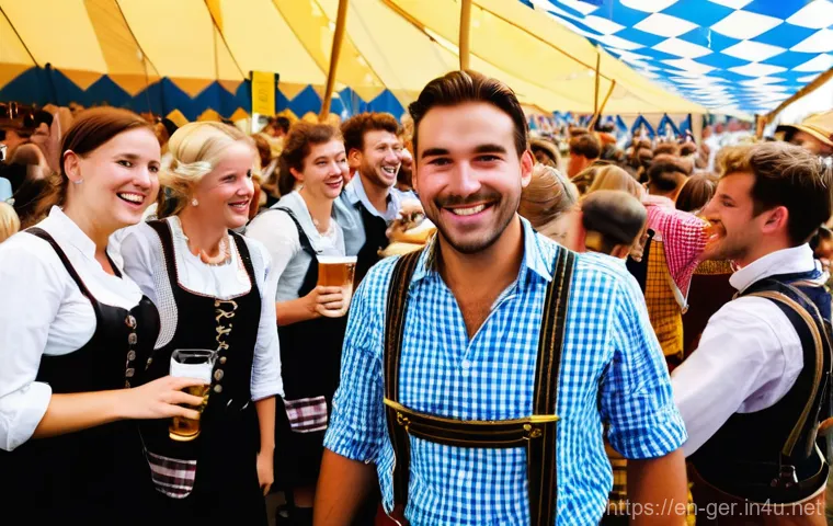 옥토버페스트 행사 일정 - **Prompt:** A vibrant, sunlit scene capturing the lively atmosphere outside a major Oktoberfest beer...