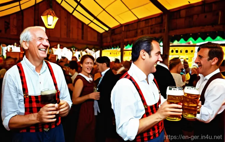 옥토버페스트 행사 일정 - **Prompt:** A vibrant, sunlit scene capturing the lively atmosphere outside a major Oktoberfest beer...