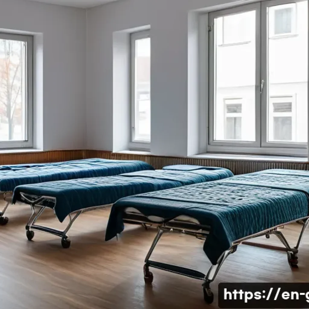 독일에서의 노숙자 지원 정책 - A warm and inviting emergency shelter interior in a German city, featuring neatly arranged beds with...