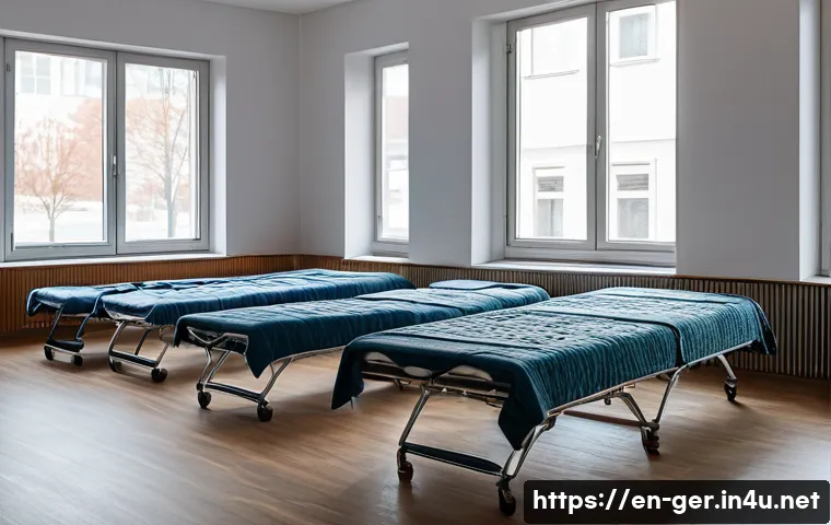독일에서의 노숙자 지원 정책 - A warm and inviting emergency shelter interior in a German city, featuring neatly arranged beds with...