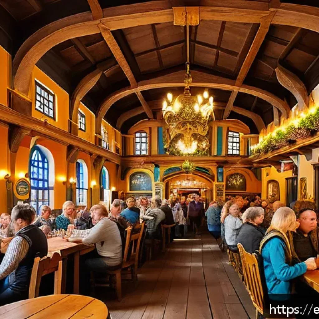 뮌헨 호프브로이하우스 - A vibrant interior scene of a traditional Bavarian beer hall bustling with lively locals and tourist...