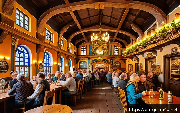 뮌헨 호프브로이하우스 - A vibrant interior scene of a traditional Bavarian beer hall bustling with lively locals and tourist...