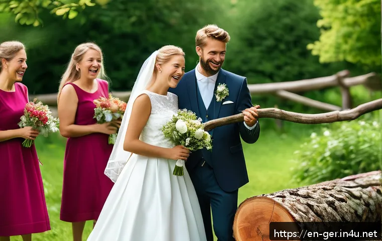 독일의 전통 결혼식 - A joyful German wedding scene capturing the newlywed bride and groom dressed in traditional attire—b...