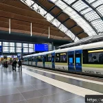 독일에서 환승 시 주의할 점 - A bustling German airport train station interior featuring modern S-Bahn trains arriving and departi...
