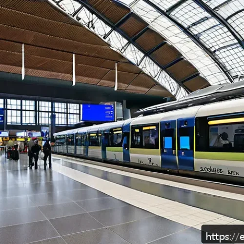 독일에서 환승 시 주의할 점 - A bustling German airport train station interior featuring modern S-Bahn trains arriving and departi...
