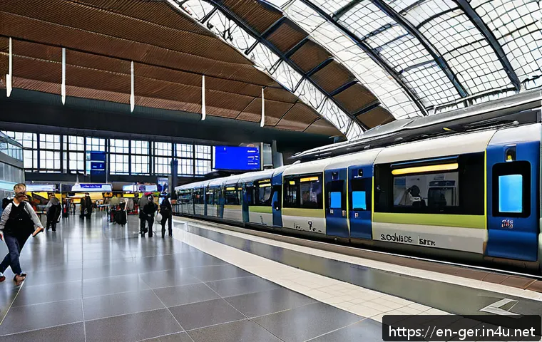 독일에서 환승 시 주의할 점 - A bustling German airport train station interior featuring modern S-Bahn trains arriving and departi...