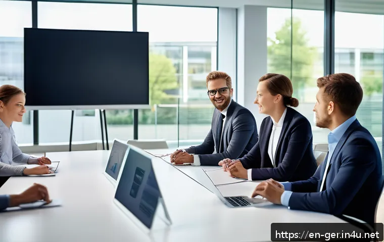 독일 기업 문화 특징 - A modern German corporate office scene showcasing a diverse team of professionals engaged in a struc...