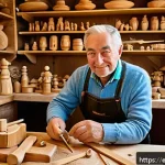 독일의 전통 공예품 - A master woodcarver in a traditional Erzgebirge workshop, surrounded by raw spruce and linden wood b...