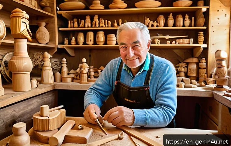 독일의 전통 공예품 - A master woodcarver in a traditional Erzgebirge workshop, surrounded by raw spruce and linden wood b...
