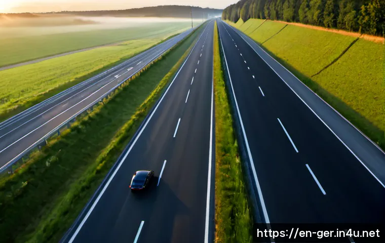 독일 아우토반 특징 - Photorealistic wide-angle view of a German Autobahn at sunrise, three clean lanes stretching toward ...