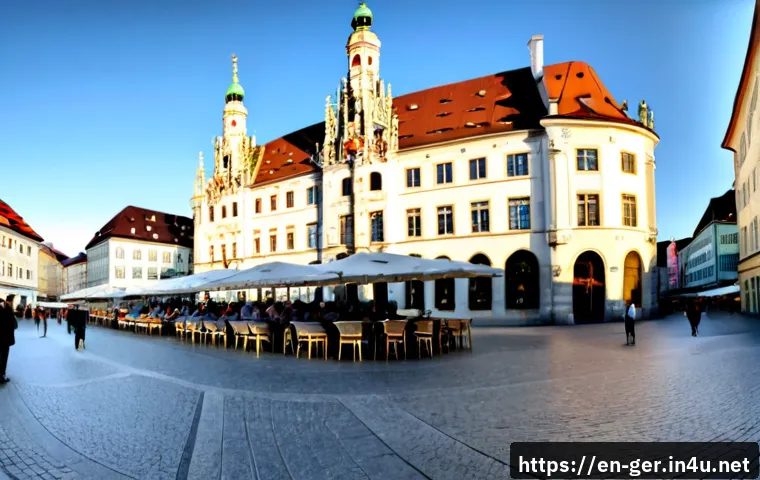 독일의 도시별 특색 - Photorealistic wide-angle view of Munich at golden hour, grand historic square with ornate Bavarian ...