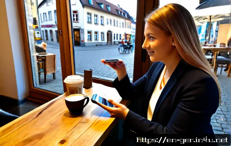 독일에서 영어만으로 생활 가능할까 - Photorealistic lifestyle scene in a modern German city café, an English-speaking traveler confidentl...